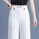 [Pague 3, Leve 5] Calças Femininas Lavina de Cintura Alta com Botões Frontais em Poliéster e Seda Gelo