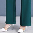 [Pague 3, Leve 5] Calças Femininas Lavina de Cintura Alta com Botões Frontais em Poliéster e Seda Gelo